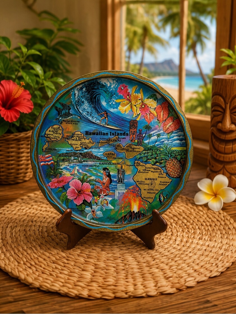 Vintage Hawaiian Islands Tin Lithograph Tray & Display Stand Ken Haag 11” Round